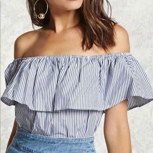 Striped blue white bodysuit with button closure. Size Medium.